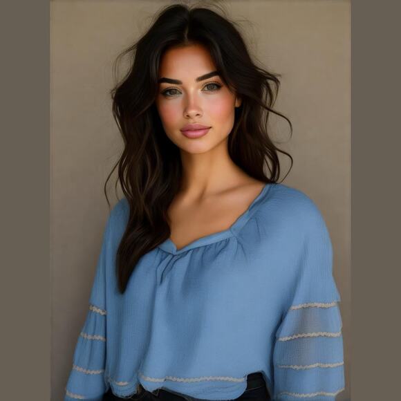 Grand & Greene Blue Long Bell Sleeve White Trim Crop Square Neck Boho Top S - Picture 1 of 11